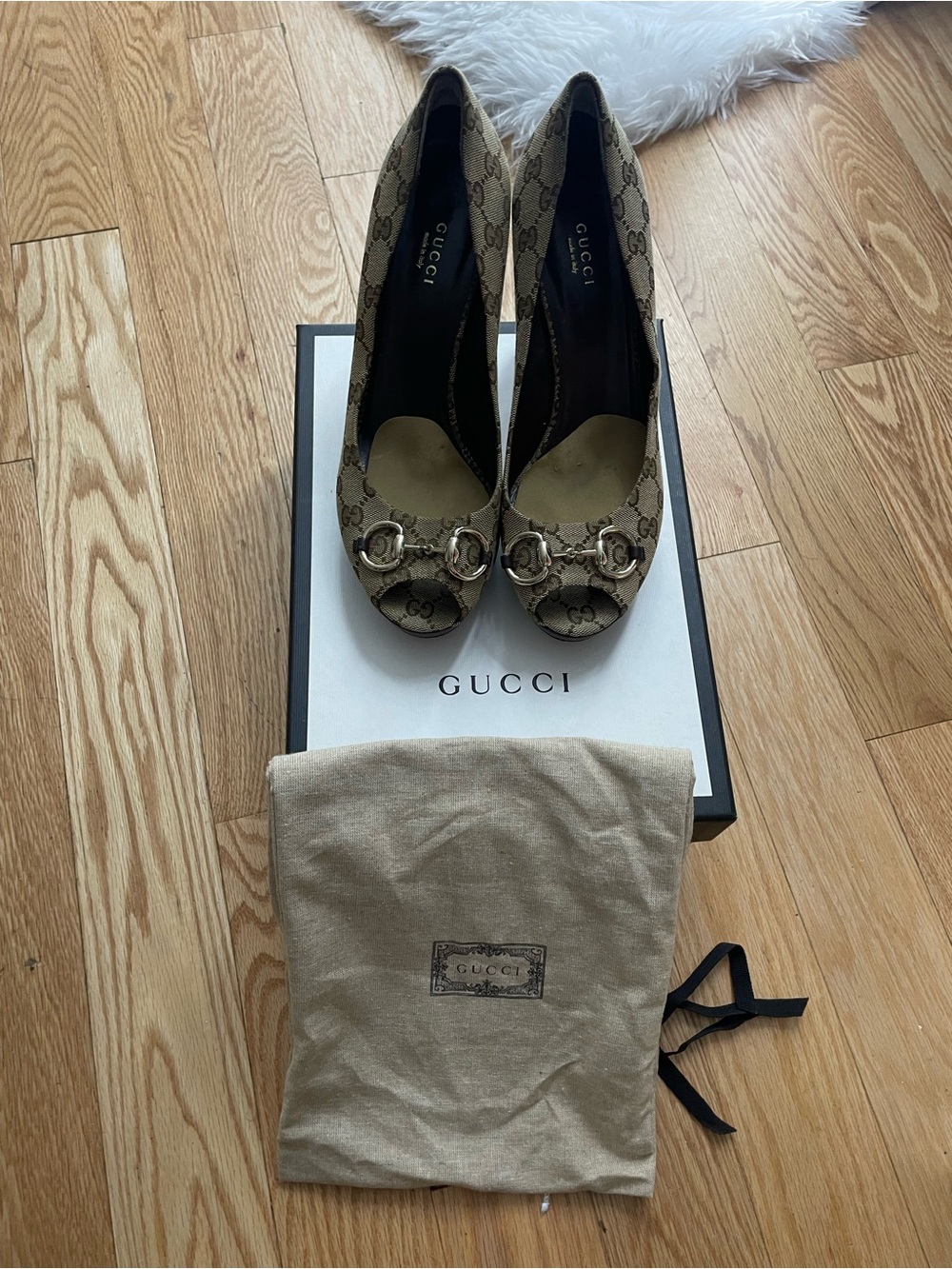 Gucci Beige Brown Monogram Peep-Toe Heels with Horsebit